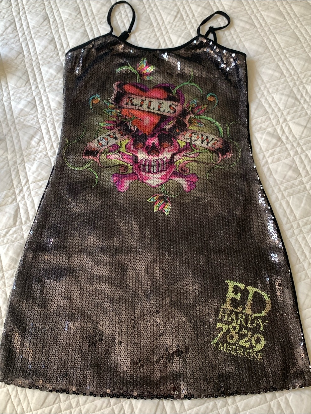 VTG Y2K Ed Hardy Love Kills Slowly sequined slip dress, size adult XSMALL